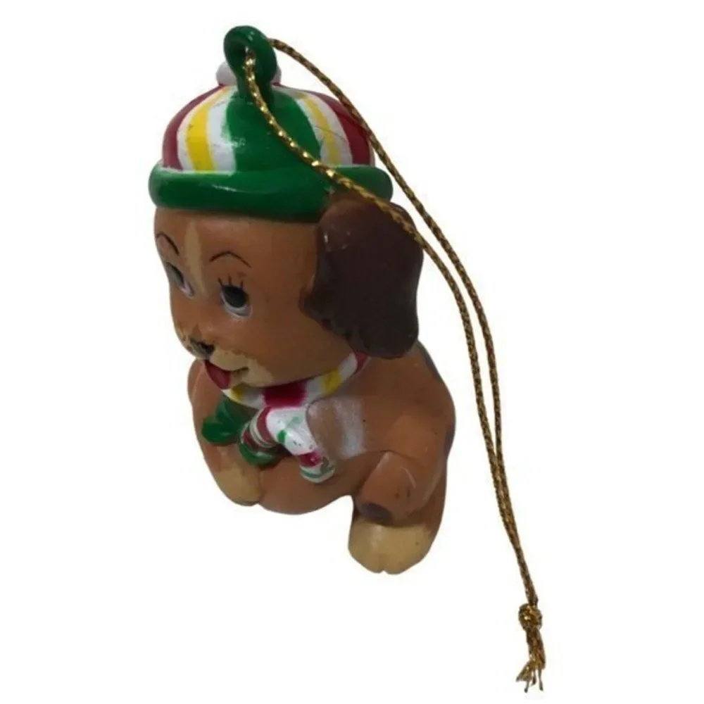 WA Puppy Dog Christmas Cuties ornament 1985‎ Vintage Hong Kong Candy Cane brown